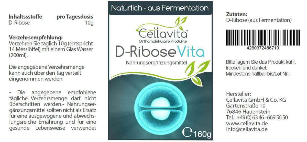 D-Ribose Vita Pulver im Glas von Cellavita Etikett