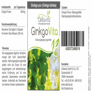 Ginkgo (Ginkgo biloba) 150 Kapseln im Glas von Cellavita Etikett