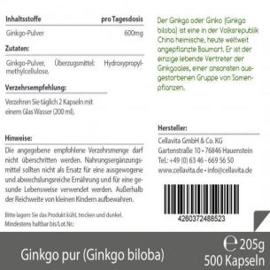Ginkgo (Ginkgo biloba) 500 Kapseln im Beutel von Cellavita Etikett