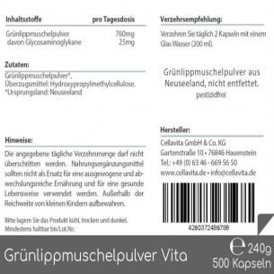 Grünlippmuschel-Pulver Vita Vorratsbeutel von Cellavita Etikett