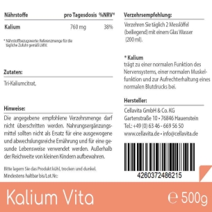 Kalium Vita 500g Pulver Vorratsbeutel von Cellavita Etikett