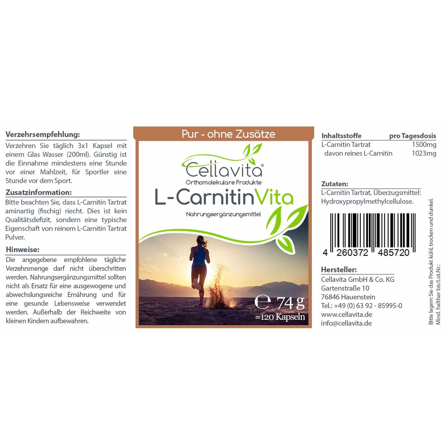 L-Carnitin Vita 120 Kapseln im Glas von Cellavita - Etikett