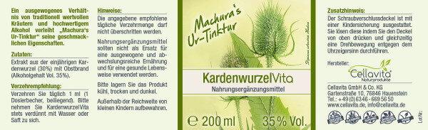 Machura's Ur-Tinktur Kardenwurzel Vita - 200ml Etikett