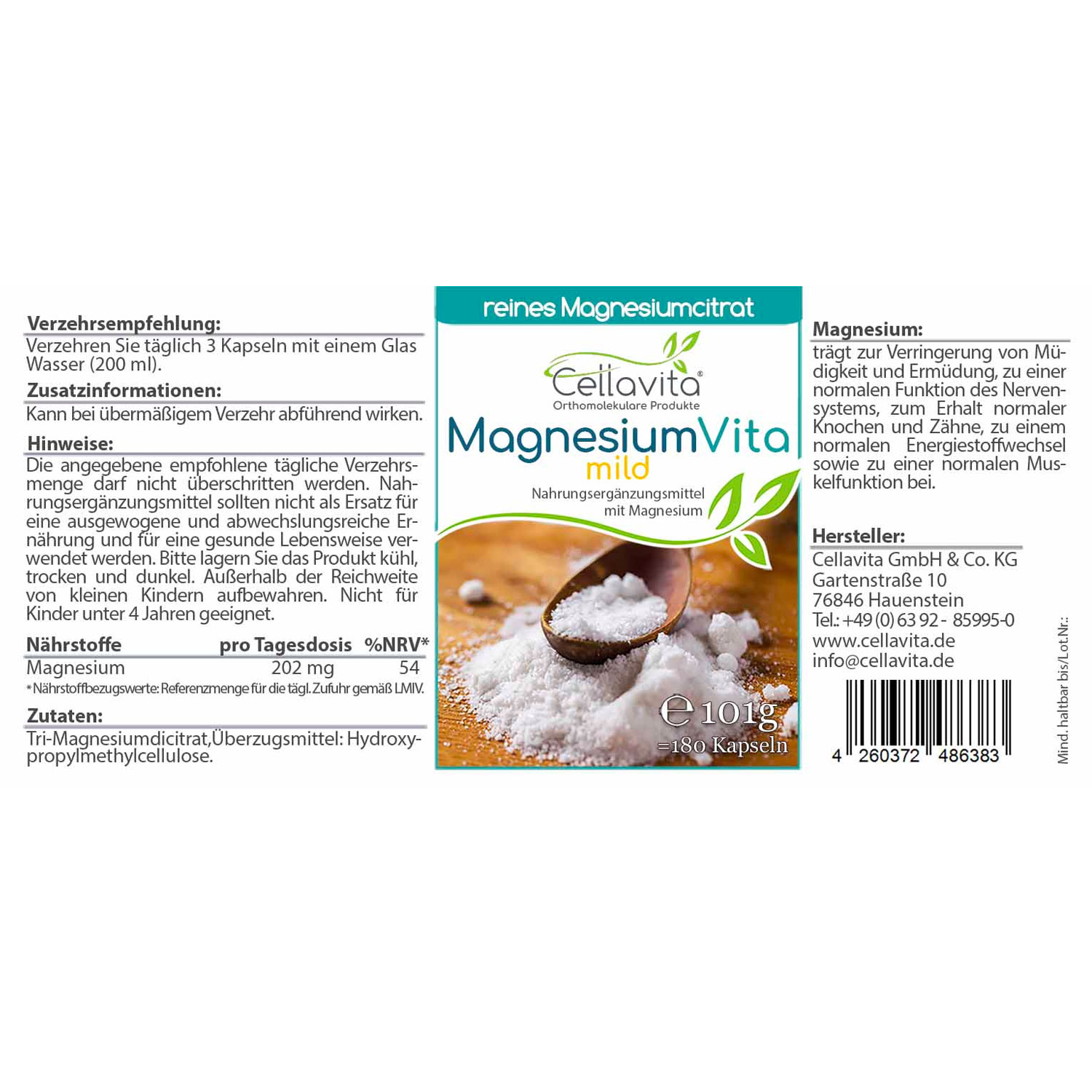 Magnesiumcitrat Vita 'mild' 180 KPS von Cellavita Etikett