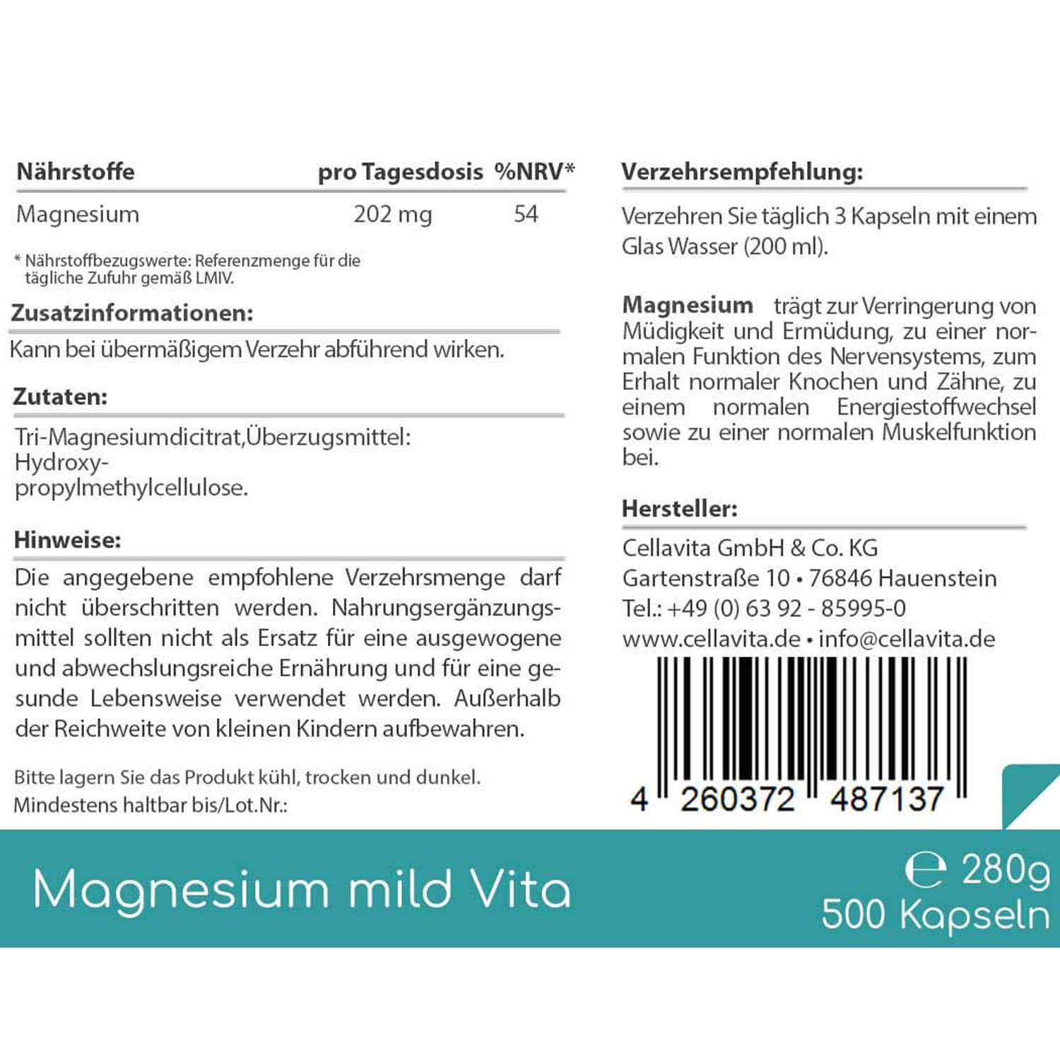 Magnesiumcitrat Vita mild 500 KPS von Cellavita - Etikett Rückseite