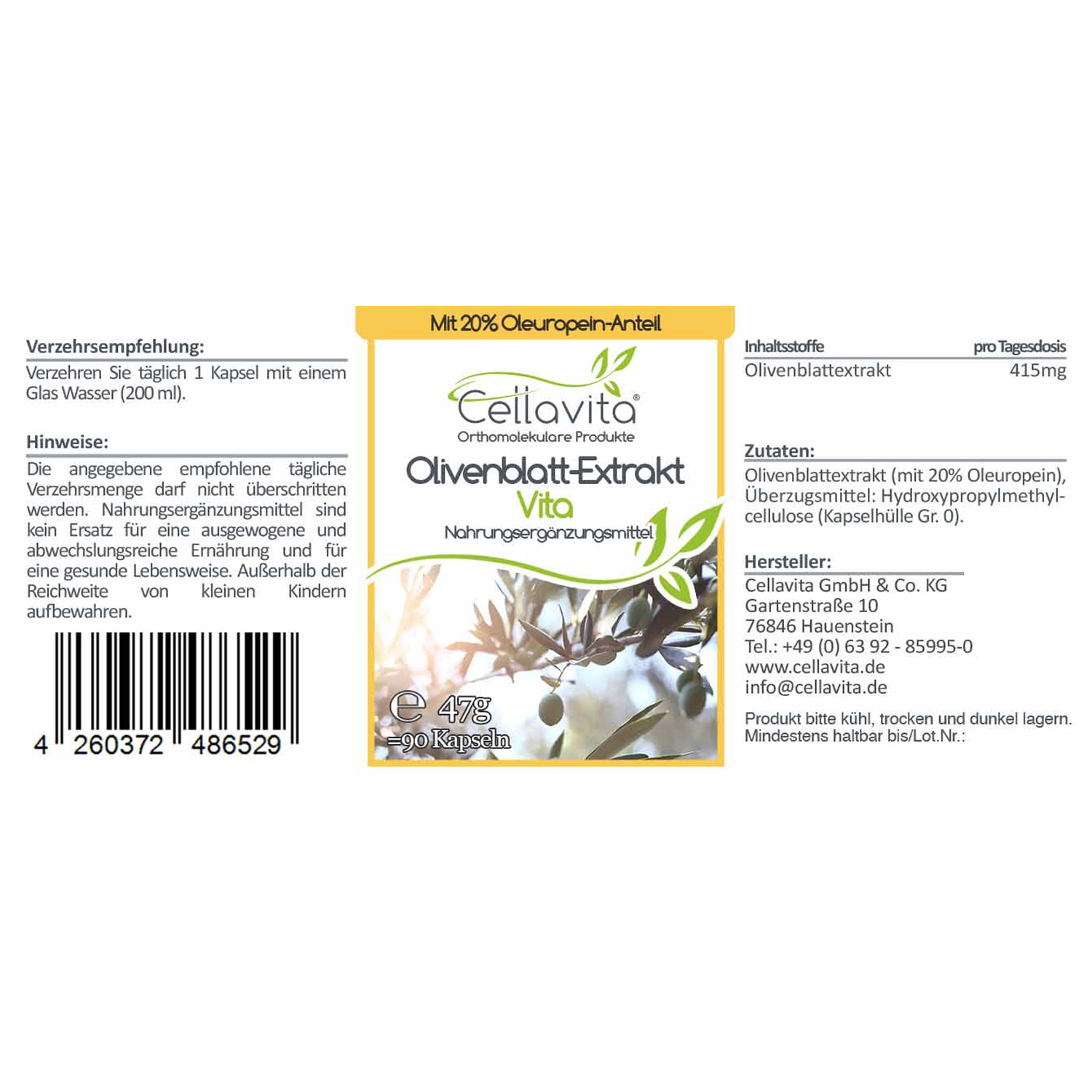 Olivenblatt-Extrakt Vita mit 20% Oleuropein-Anteil 90 Kapseln von Cellavita - Etikett