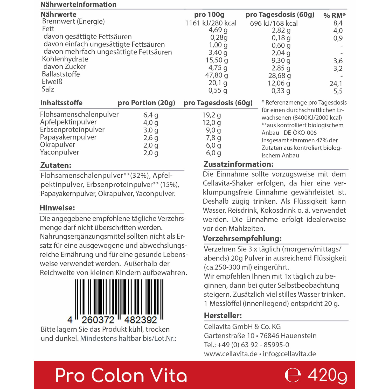 Pro Colon Vita von Cellavita - Etikett Rückseite