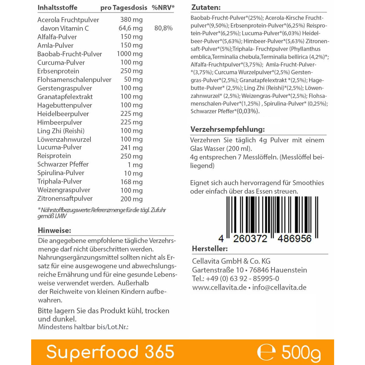 Superfood 365 von Cellavita - 500g - Etikett Rückseite
