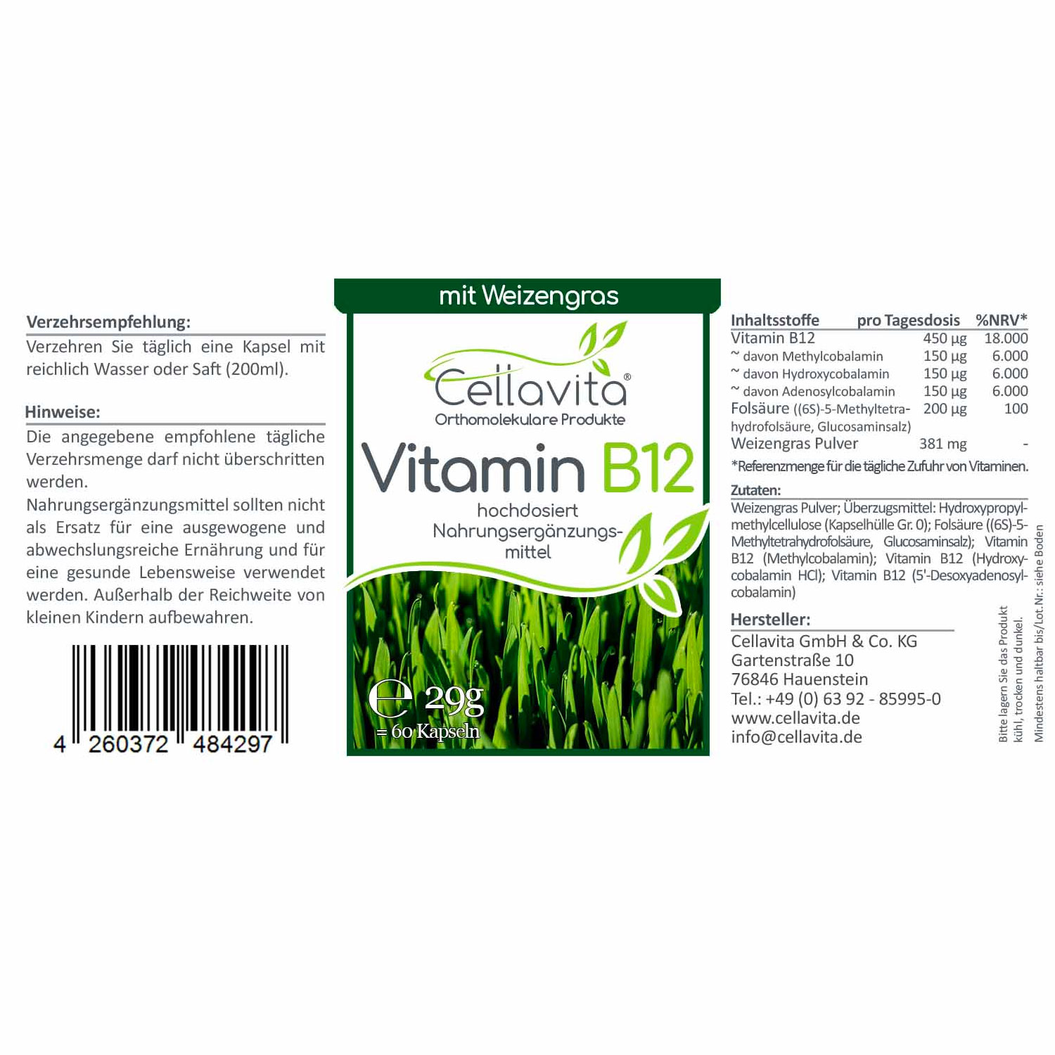 Vitamin B12 hochdosiert 60 Kapseln von Cellavita - Etikett
