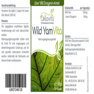 Wild Yam Vita (Yamswurzel) 150 Kapseln von Cellavita Etikett