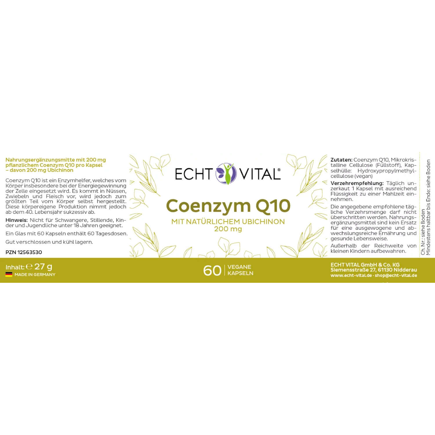 Coenzym Q10 von ECHT VITAL - Etikett