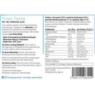 Lüttge Knusper Topping mit viel Spirulina Alge von Evergreen Foods - 180g Etikett