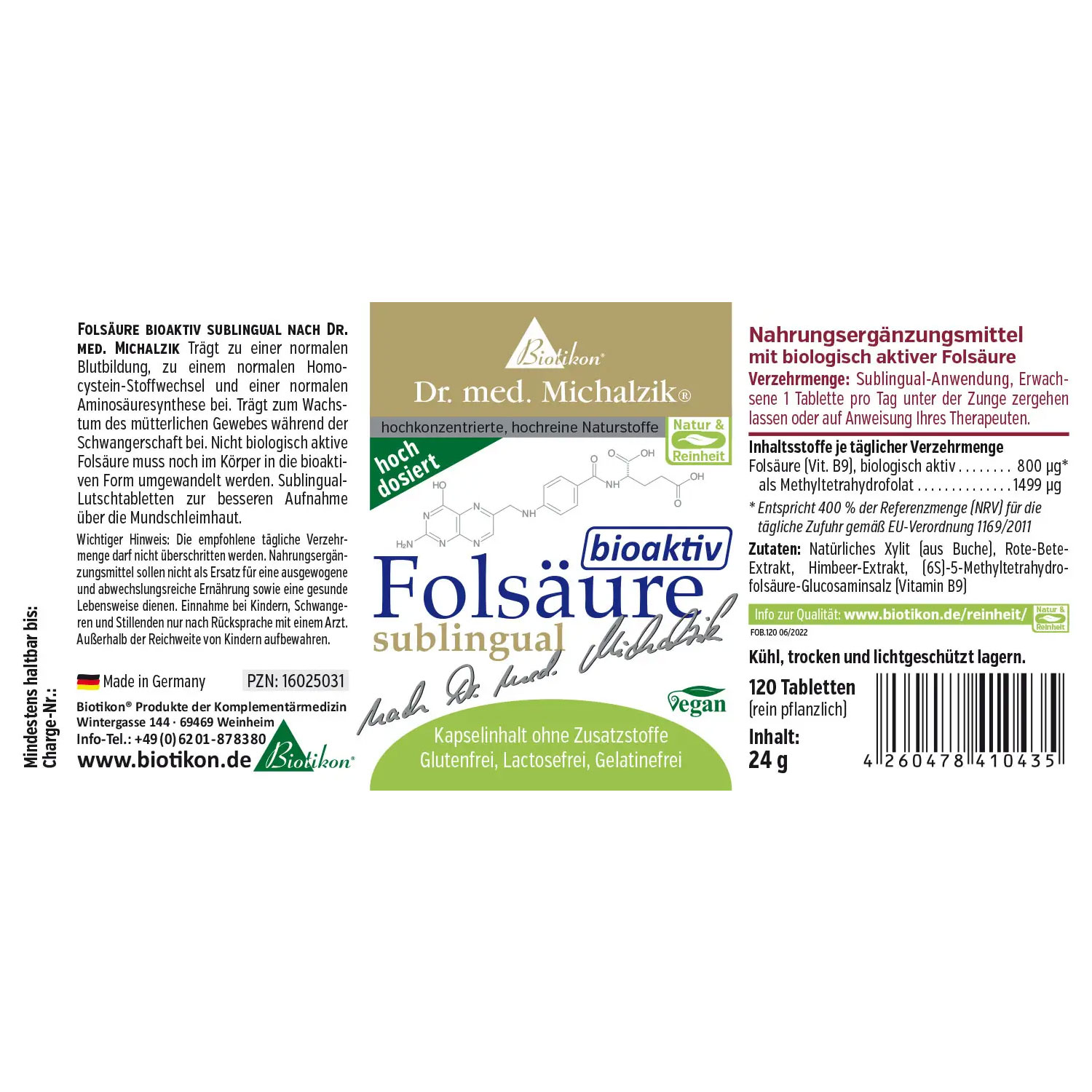 Folsäure bioaktiv (Vitamin B9) von Biotikon - Etikett