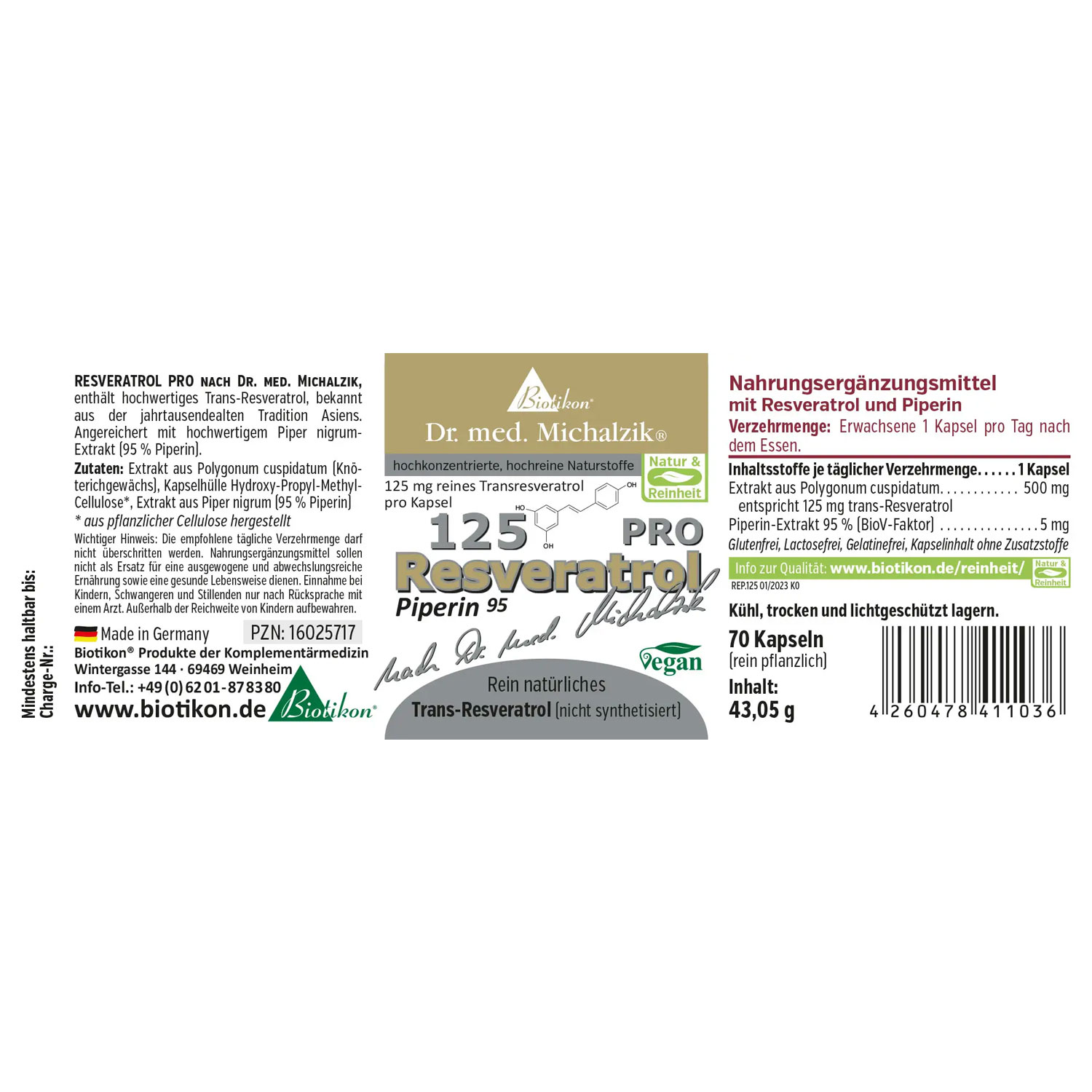 Resveratrol 125 PRO von Biotikon - Etikett