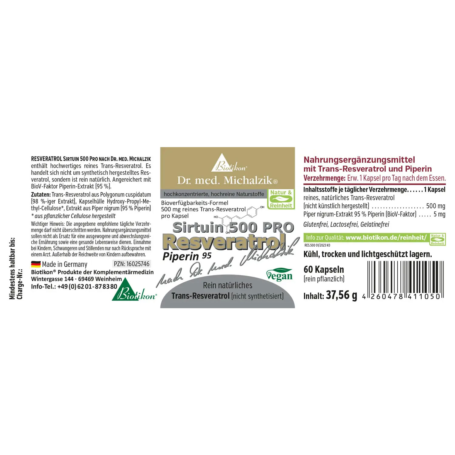 Resveratrol 500 PRO von Biotikon - Etikett