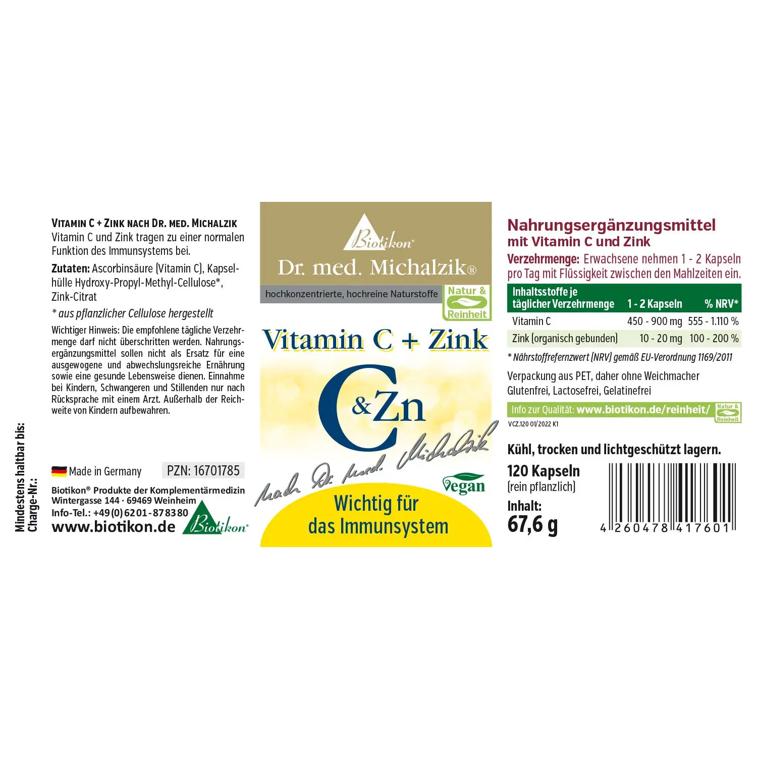 Vitamin C + Zink von Biotikon - Etikett