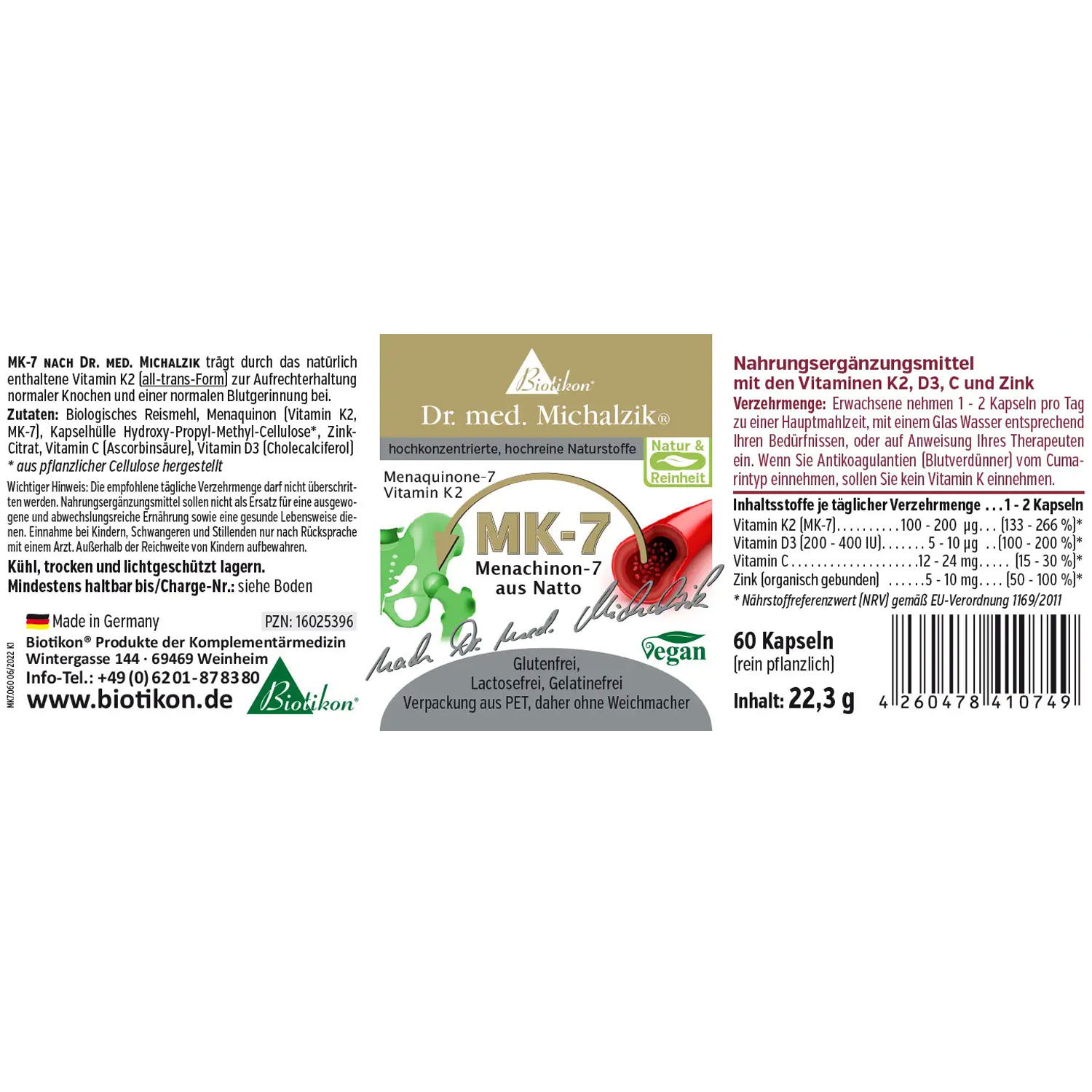 Vitamin K2 - MK7 von Biotikon - Etikett