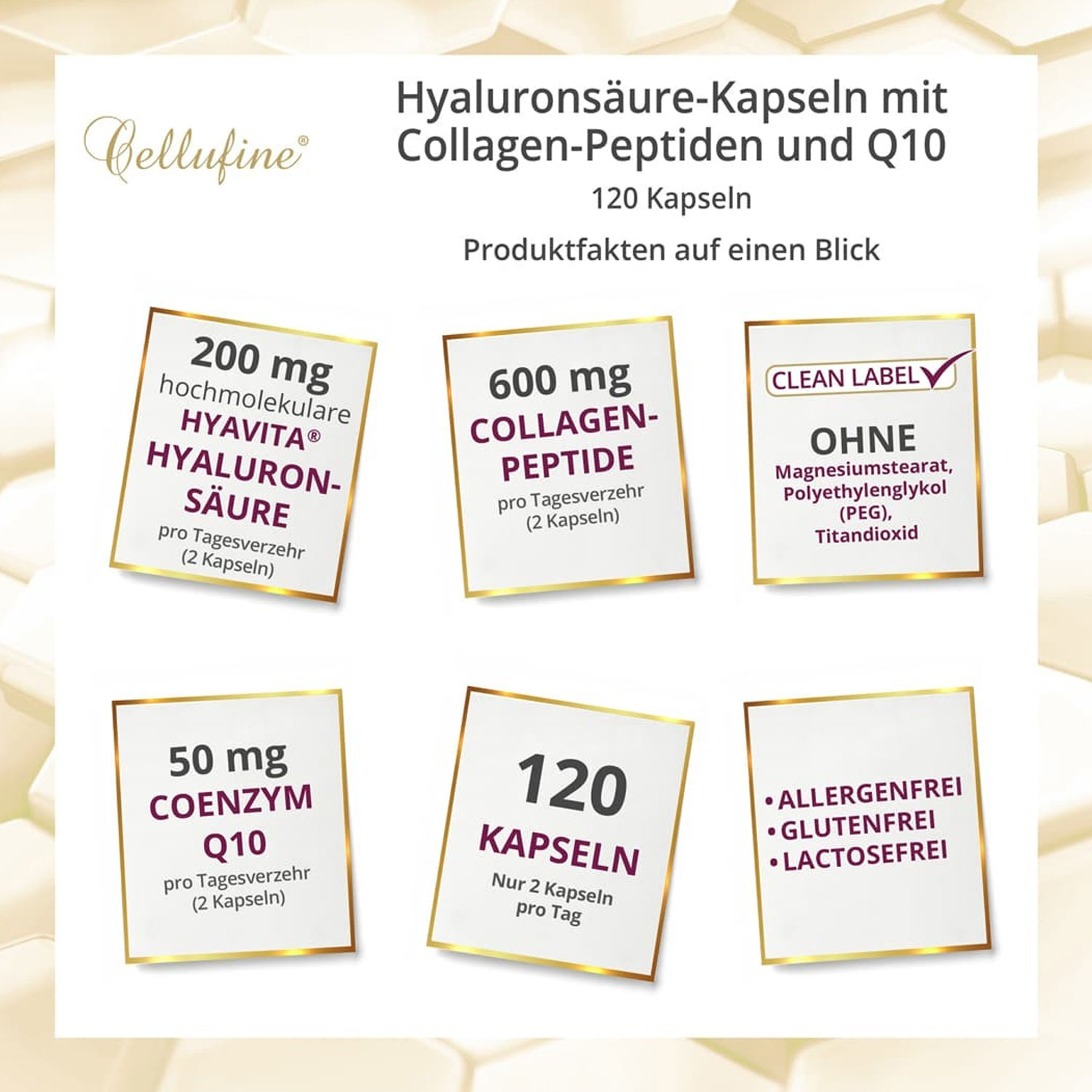 Cellufine® Hyaluronsäure-Kapseln mit Collagen-Peptiden und Q10 – Produktmerkmale