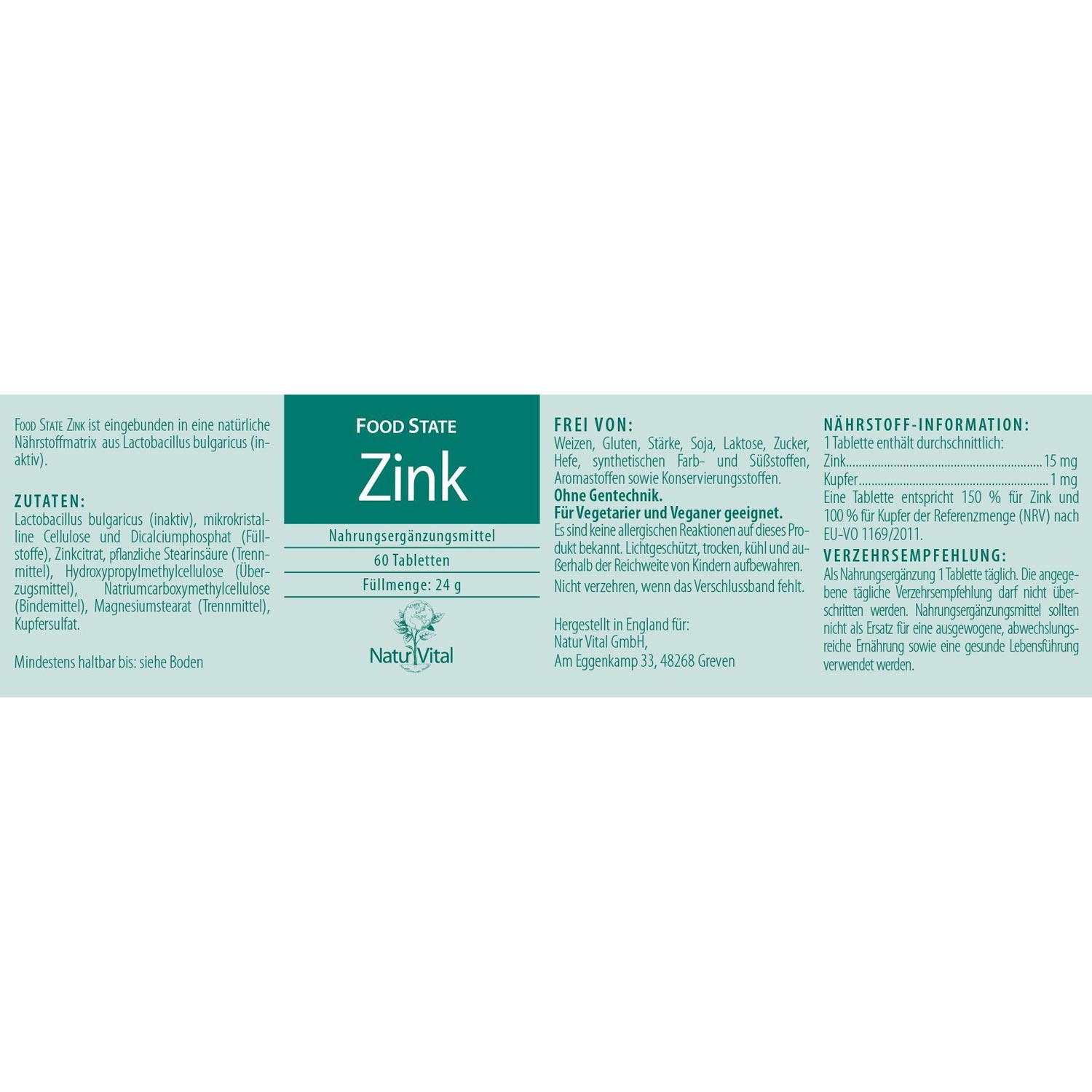 Natur Vital Zink - 60 Tabletten - Etikett