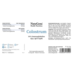 Colostrum von Natugena - 60 Kapseln - Etikett