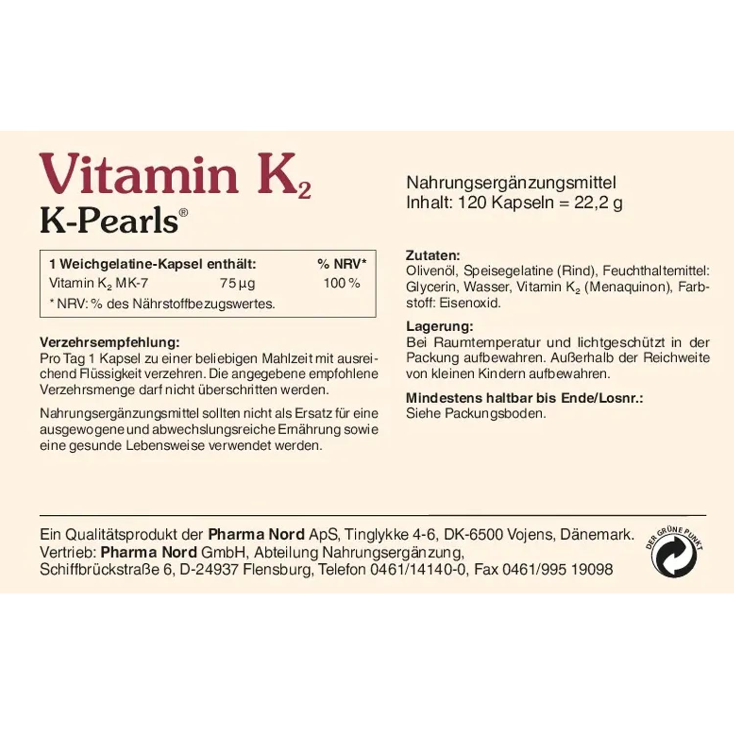 K2 - K-Pearls von Pharma Nord - Etikett Rückseite