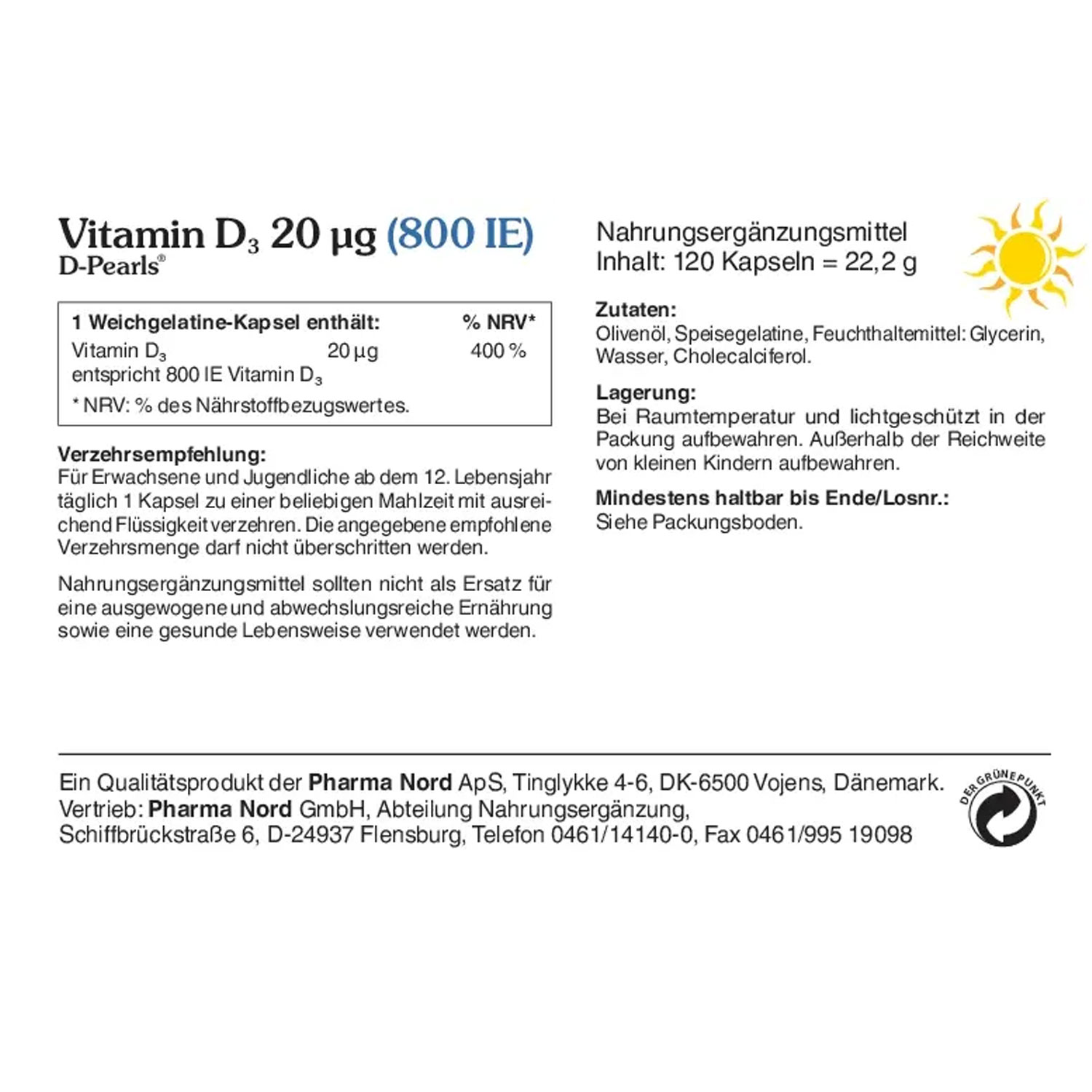 Vitamin D3 Pearls von Pharma Nord 20 μg - Etikett